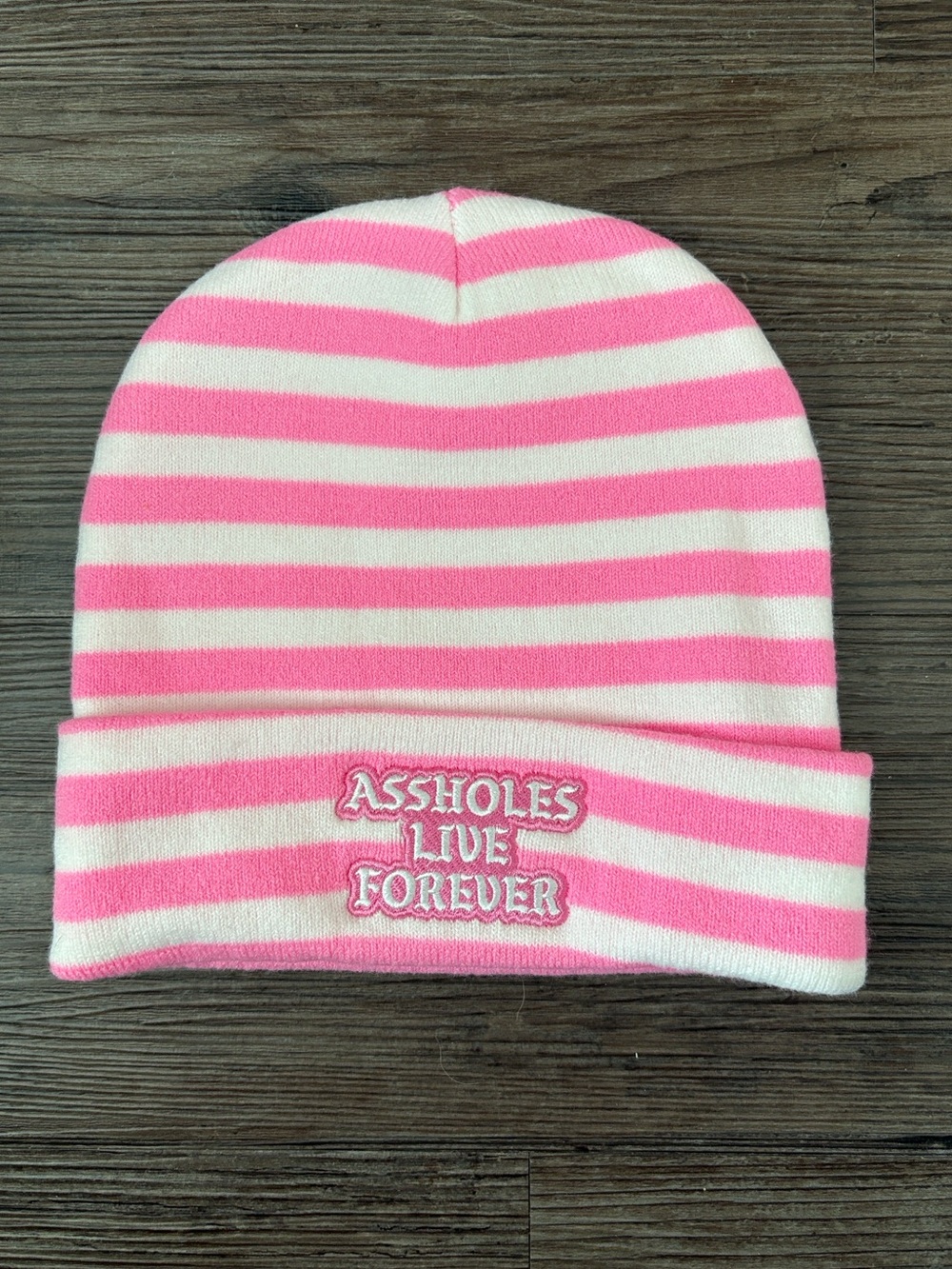 ASSHOLES LIVE FOREVER ALF PINK WHITE STRIPED BEANIE HAT